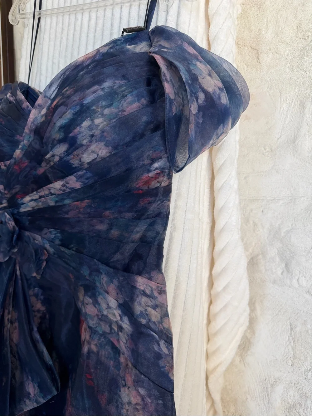 Navy Floral Strapless Evening Gown with Ruffle Detail - Picture 3 of 11